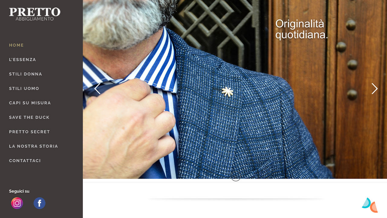 Home page sito web creato per negozio abbigliamento Trento. Menu a sinistra più slideshow foto