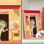 illustrazioni su pannelli per vetrina negozio giochi tema Egitto