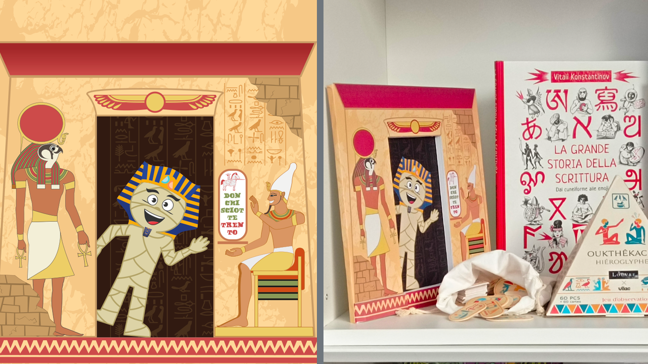illustrazioni su pannelli per vetrina negozio giochi tema Egitto