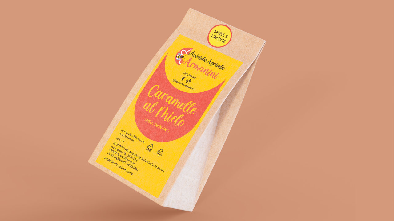 Pacchetto di caramelle azienda agricola brandizzato. Etichette con logo, nome prodotto e informazioni contenuto