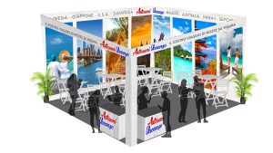 elemento portfolio, progetto allestimento stand per agenzia viaggi con desk e pannelli