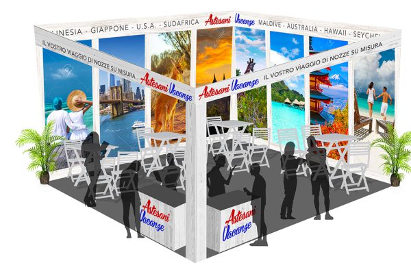 elemento portfolio, progetto allestimento stand per agenzia viaggi con desk e pannelli