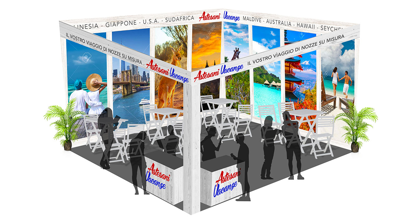 elemento portfolio, progetto allestimento stand per agenzia viaggi con desk e pannelli