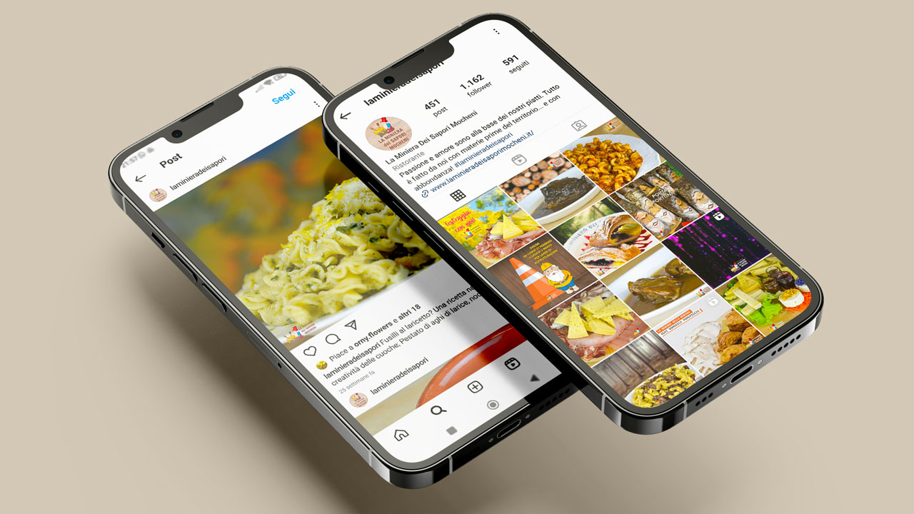 Smartphone con home page account Instagram ristorante. Dettaglio post