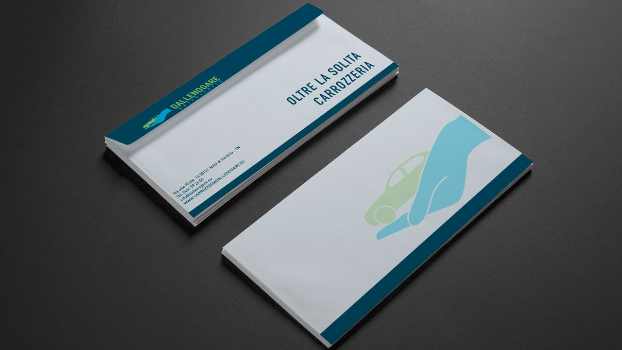 Carta intestata per carrozzeria. Esempio busta. Logo, payoff e contatti