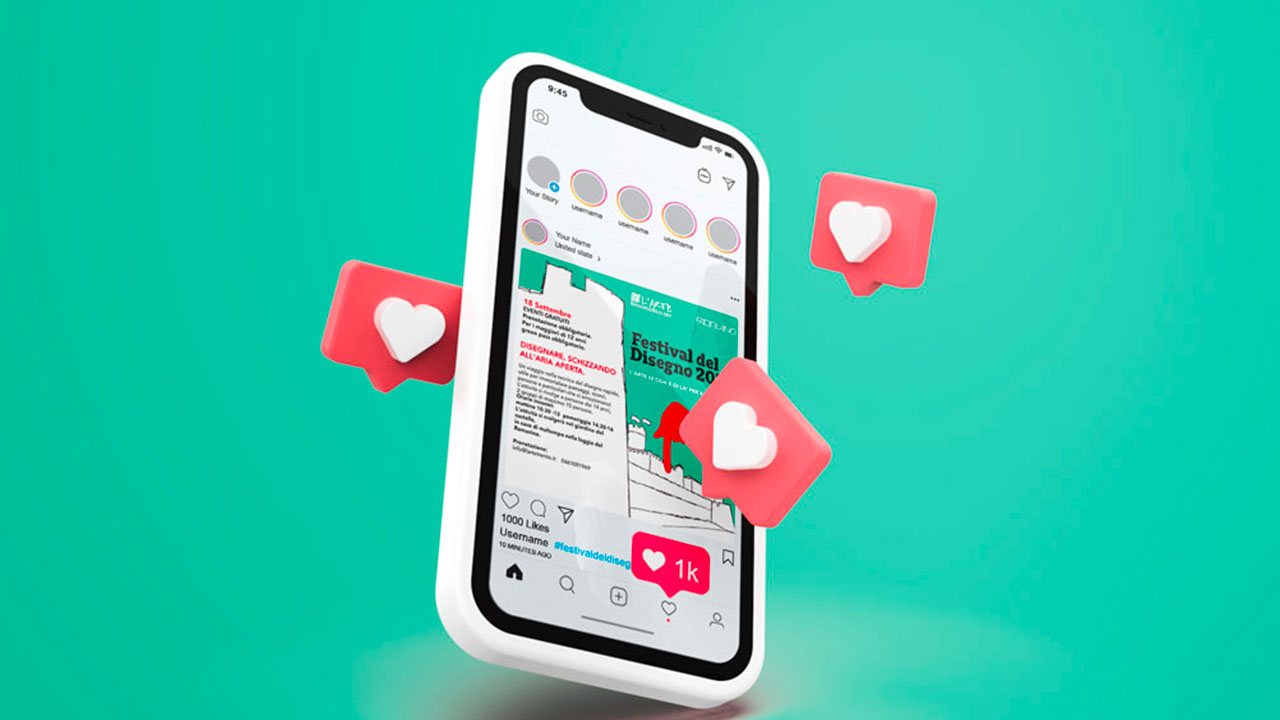 Elemento Portfolio. Locandina festival disegno 2021 Trento vista come post di Instagram su uno smartphone