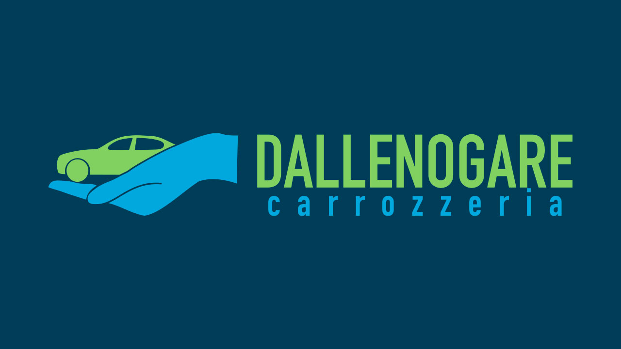 Logo per carrozzeria. Mano azzurra che raccoglie nel palmo un'auto verde seguita dal nome della carrozzeria scritta con i i medesimi colori